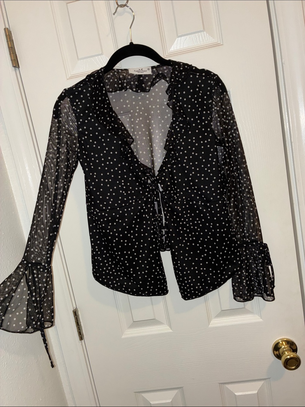 Women's Black Polka Dot Tie-Front Sheer Blouse